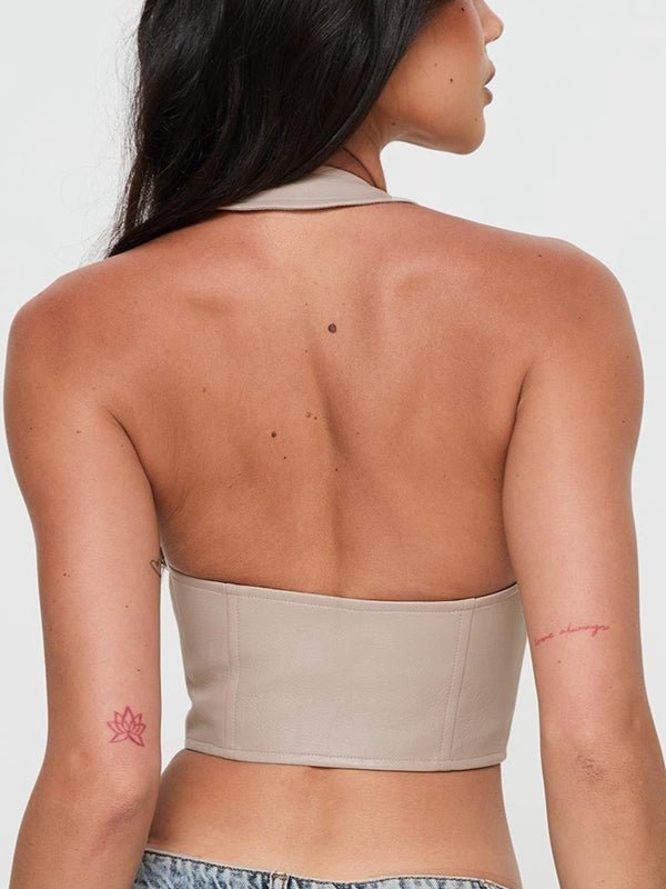 Faux leather corset tank top in tan from Lumina Vancouver, featuring a fitted design and stylish sleeveless cut.