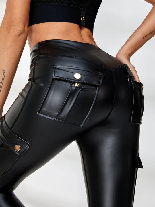 Black faux leather cargo leggings with pockets and scrunch bum detail from Lumina Vancouver, designed for a stylish, comfortable fit.