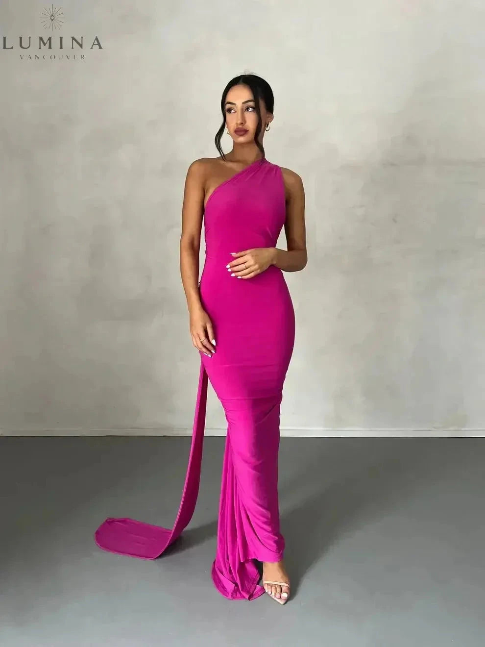 Lumina Vancouver Felina one-shoulder cut-out maxi dress, elegant wedding guest gown with a stylish design and fitted silhouette.