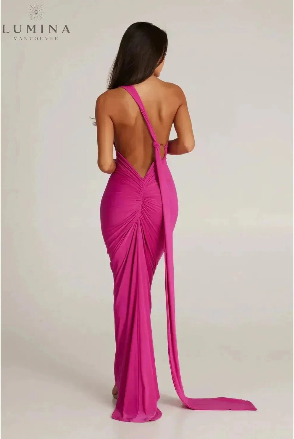 Lumina Wear Felina one-shoulder cut-out maxi dress in XS, featuring elegant design suitable for wedding guests, shown on model.