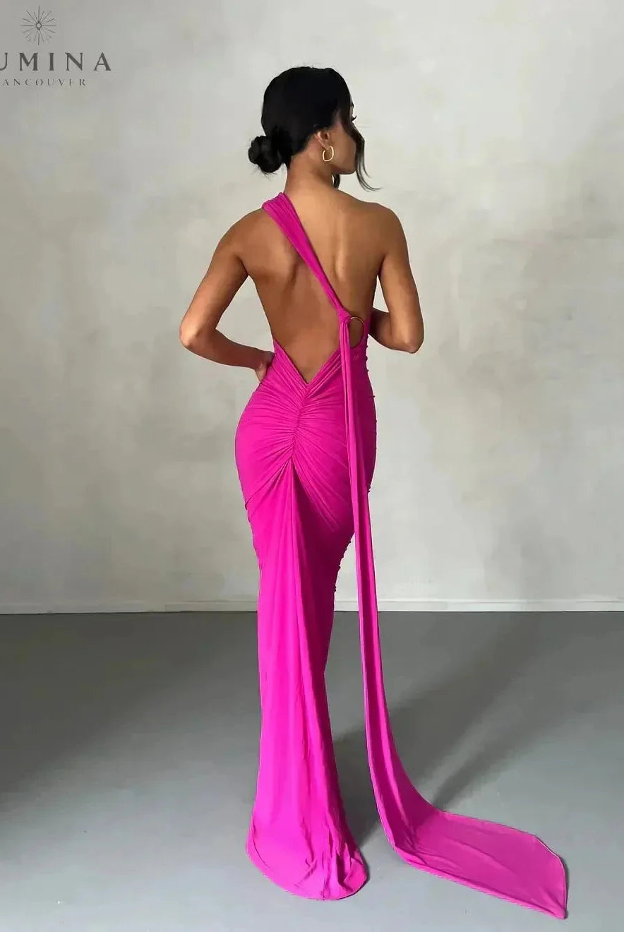 Lumina Wear Felina one-shoulder cut-out maxi dress with fitted bodice and flowing skirt, perfect for wedding guests.