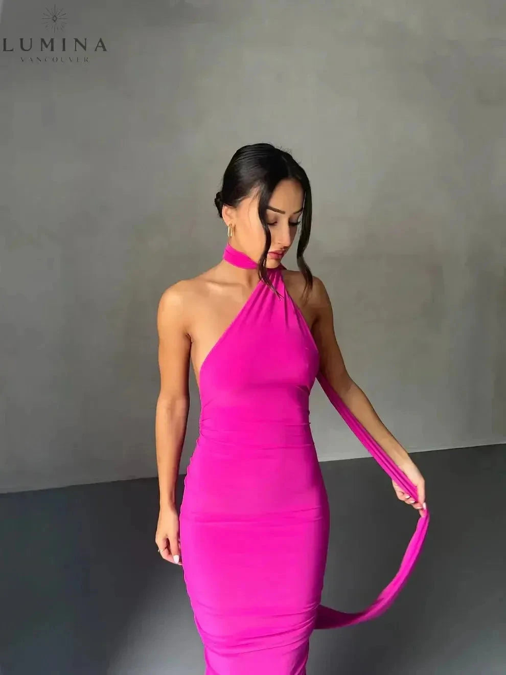 Lumina Vancouver Felina one-shoulder cut-out maxi dress for wedding guest, stylish evening gown with elegant design.