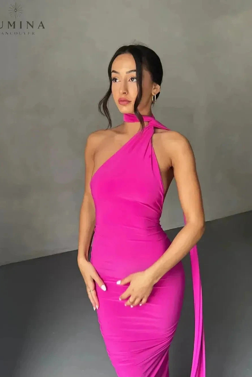 Lumina Wear Felina one-shoulder cut-out maxi dress, elegant wedding guest dress with flowing fabric and stylish shoulder detail.