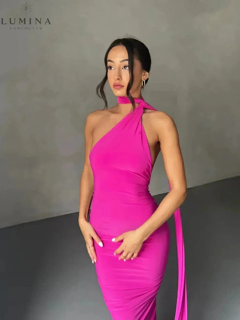 Lumina Vancouver Felina one-shoulder cut-out maxi dress for wedding guest, elegant evening gown with stylish design.
