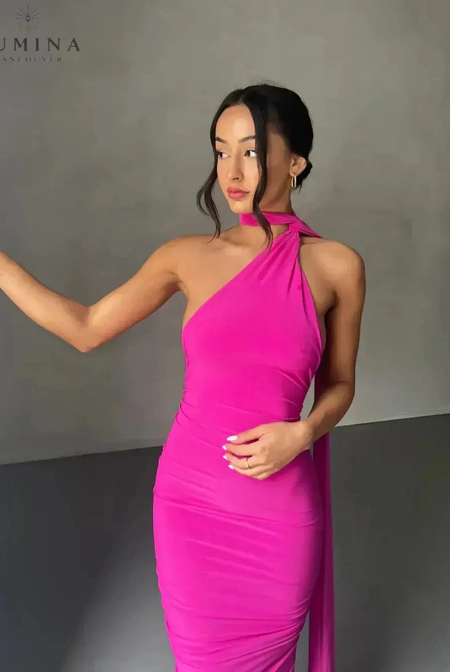 Lumina Wear Felina one-shoulder cut-out maxi dress in XS, featuring a flowing design perfect for wedding guests.