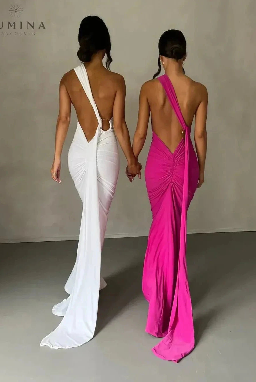 Lumina Wear Felina one-shoulder cut-out maxi dress, elegant long evening gown with a fitted bodice and flowing skirt.