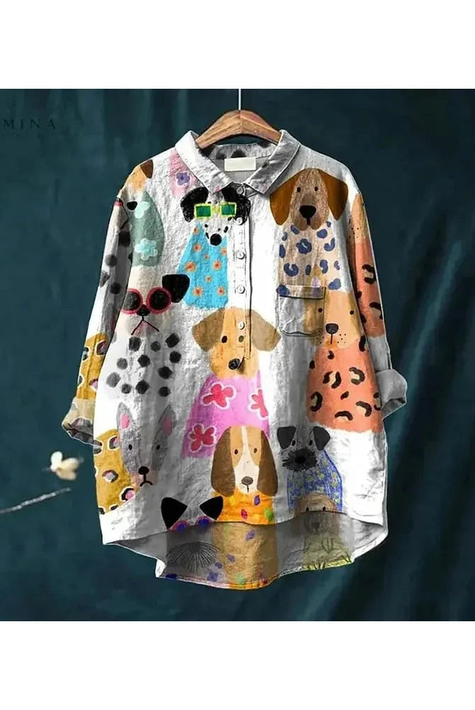 White Kjersti Canine Art T-Shirt by Lumina Wear featuring a detailed dog illustration on a casual tee.