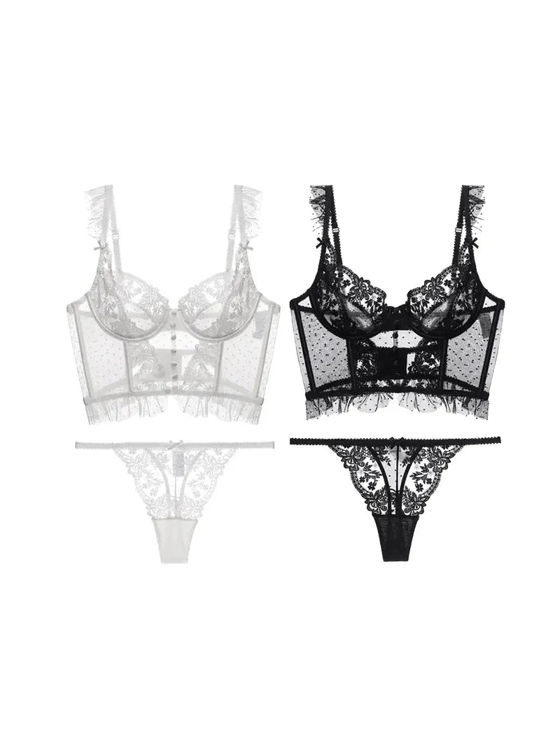 White Lovise Italian lingerie set by Lumina Vancouver featuring delicate lace and satin details on a model.