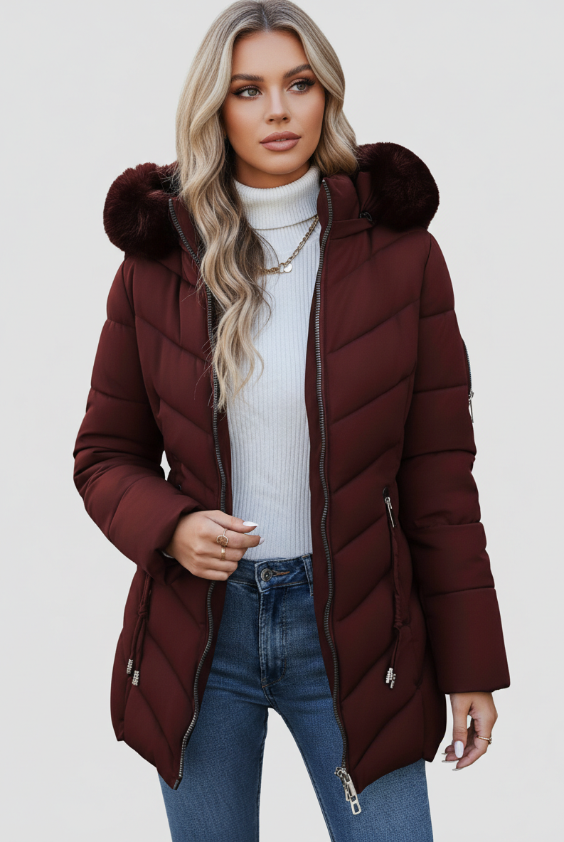 Black Lumina Wear Florence quilted puffer coat with faux-fur hood, stylish winter outerwear with a cozy design.
