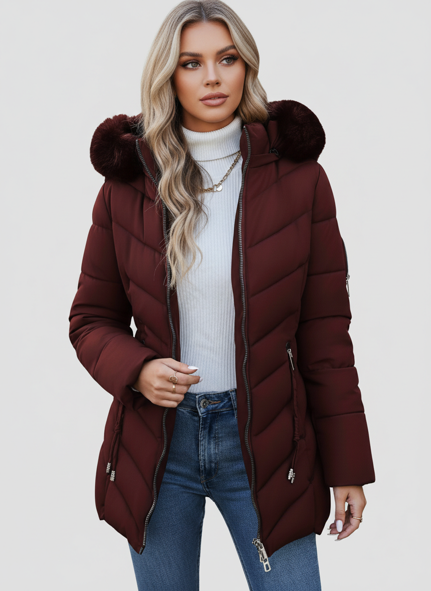 Black Lumina Wear Florence quilted puffer coat with faux-fur hood, stylish winter outerwear with a cozy design.