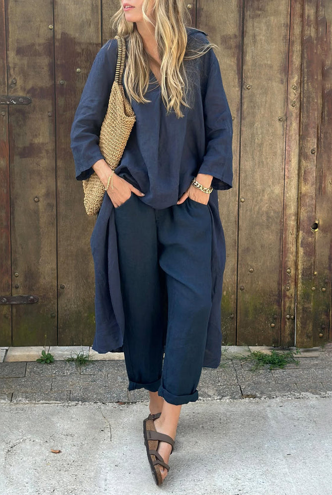Navy blue Florence tunic and pant set by Lumina Wear, relaxed elegance style, worn by a model, perfect for casual or office wear.