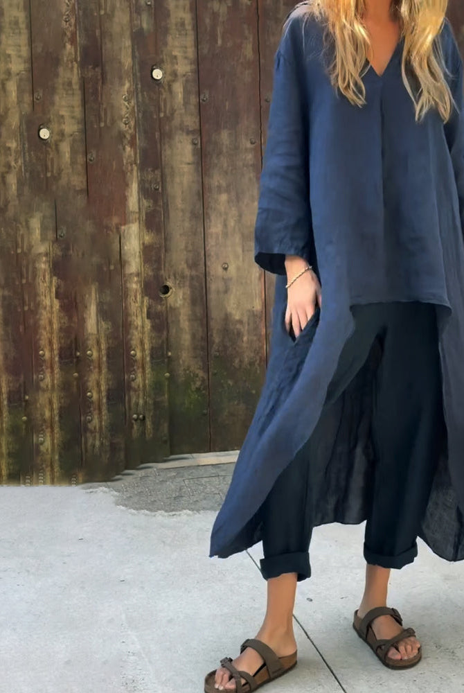 Navy blue Florence tunic and pant set by Lumina Wear, relaxed elegance, soft fabric, stylish and comfortable for casual wear.