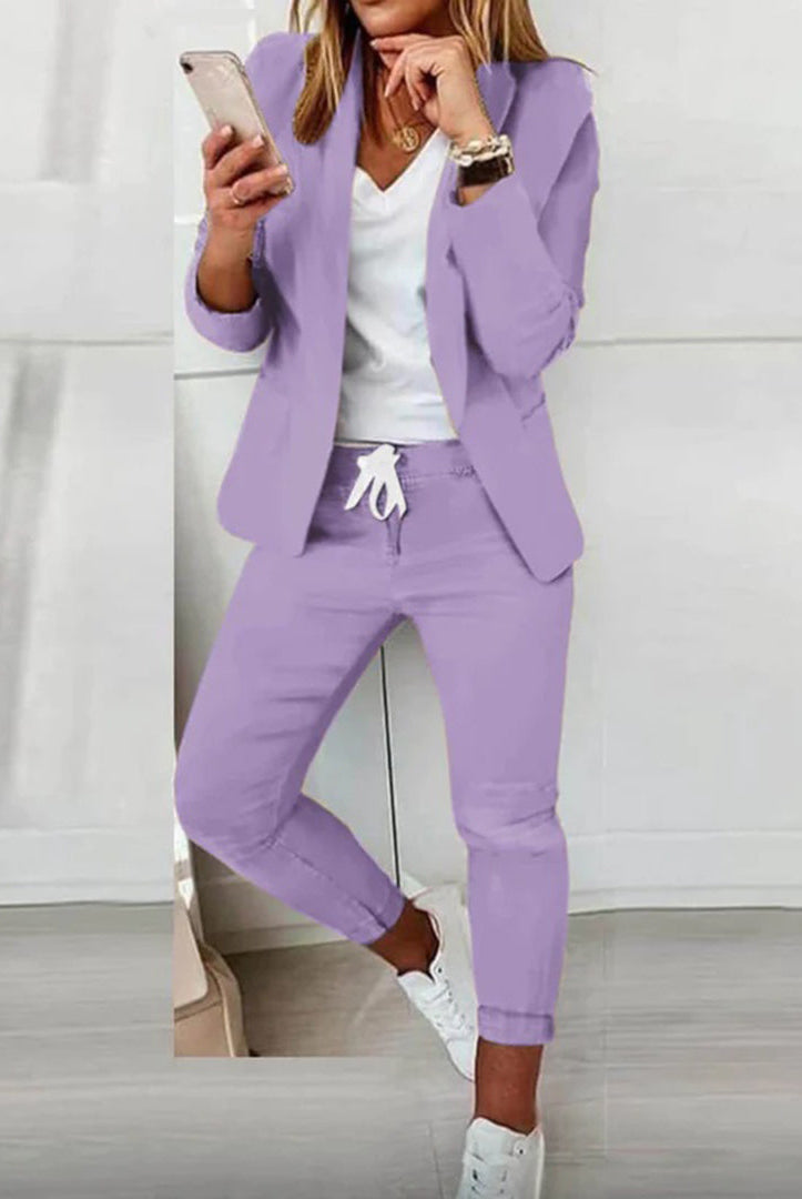 Lumina Wear Florence women's tailored blazer and relaxed jogger pants set in lavender, stylish and comfortable women's clothing.