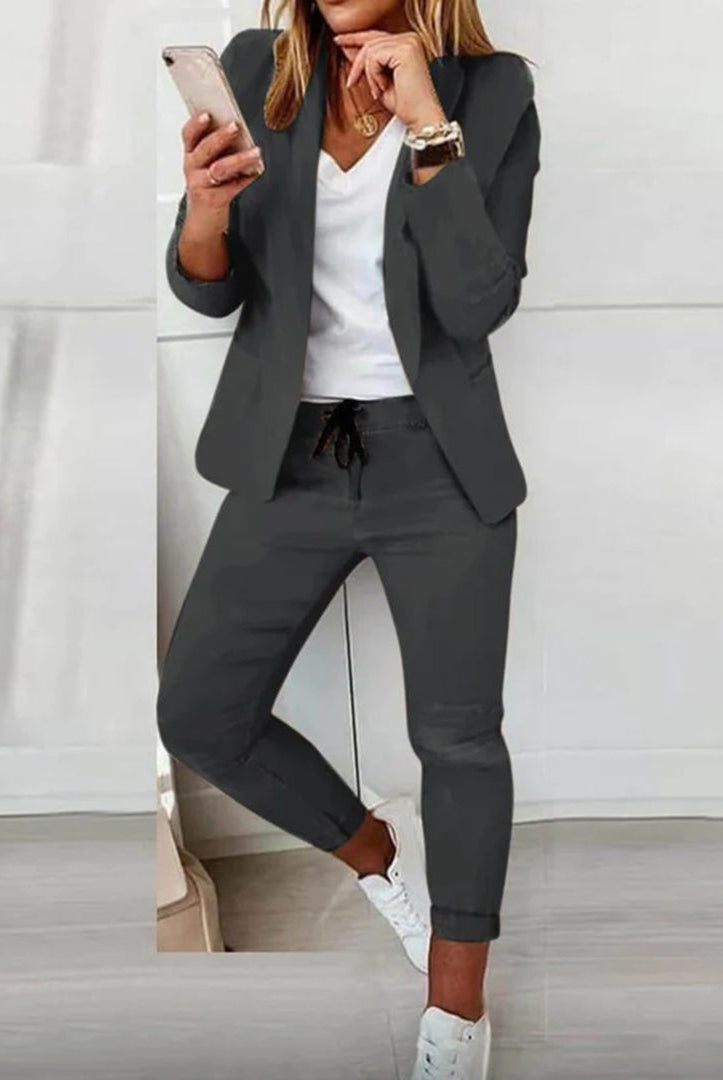 Lumina Wear Florence tailored blazer and relaxed lavender jogger pants set for women, stylish and comfortable women's clothing.