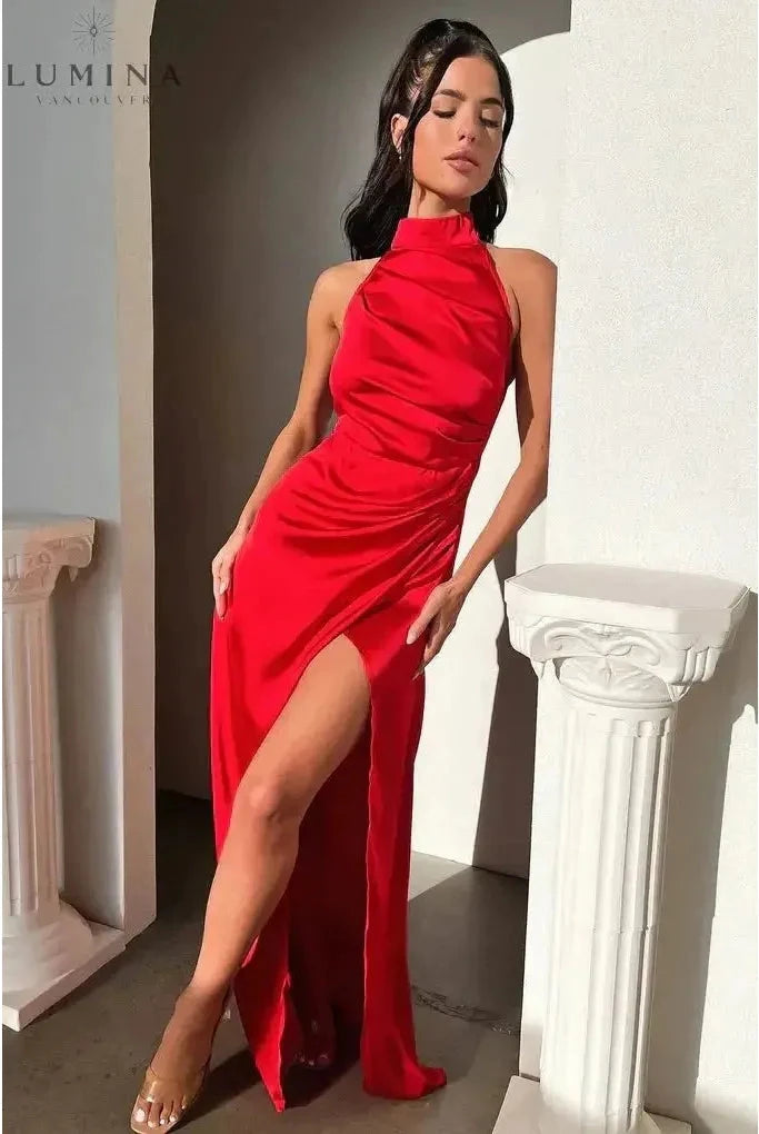 Florencia - Halterneck Sleeveless Slit Maxi Dress