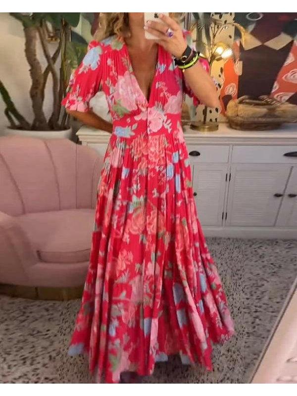 Red Floriana Vibrant Floral Dress by Lumina Vancouver, featuring a colorful floral pattern and elegant design.
