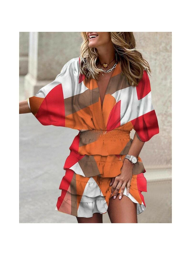 Colorful Francesca™ stylish print dress by Lumina Vancouver, featuring a vibrant pattern and flowing silhouette.