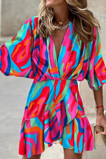 Colorful Francesca™ stylish print dress by Lumina Vancouver, showcasing a vibrant design and elegant fit.