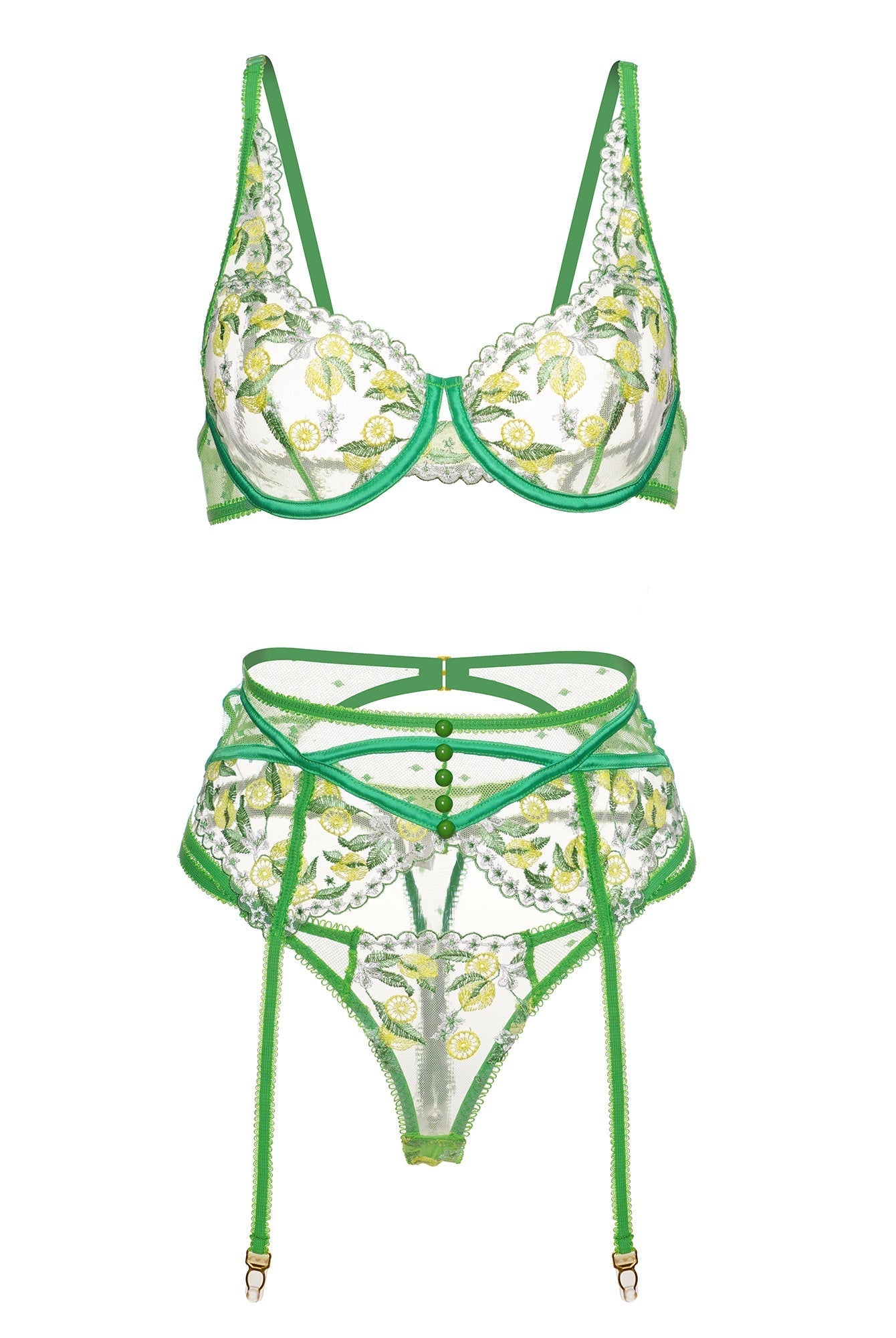 Fresh lemon embroidery lingerie set by Lumina Wear, green color, includes bra and matching panties, soft and delicate fabric.