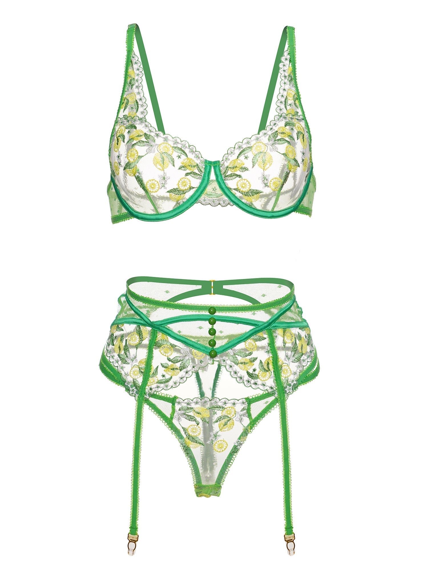 Fresh lemon embroidery lingerie set by Lumina Vancouver, 3-piece green lingerie collection with delicate floral details.