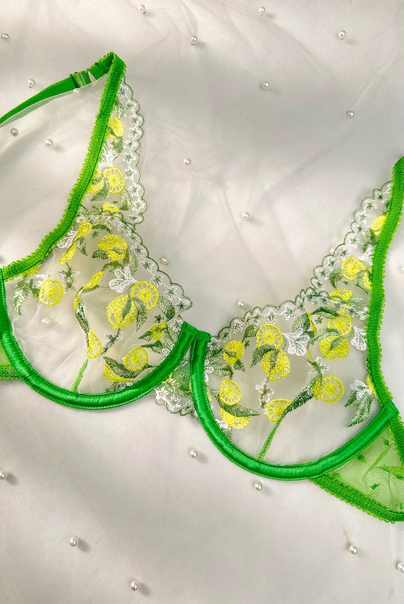 Fresh lemon embroidery lingerie set by Lumina Wear, green 3-piece set featuring delicate embroidery and matching bras and panties.