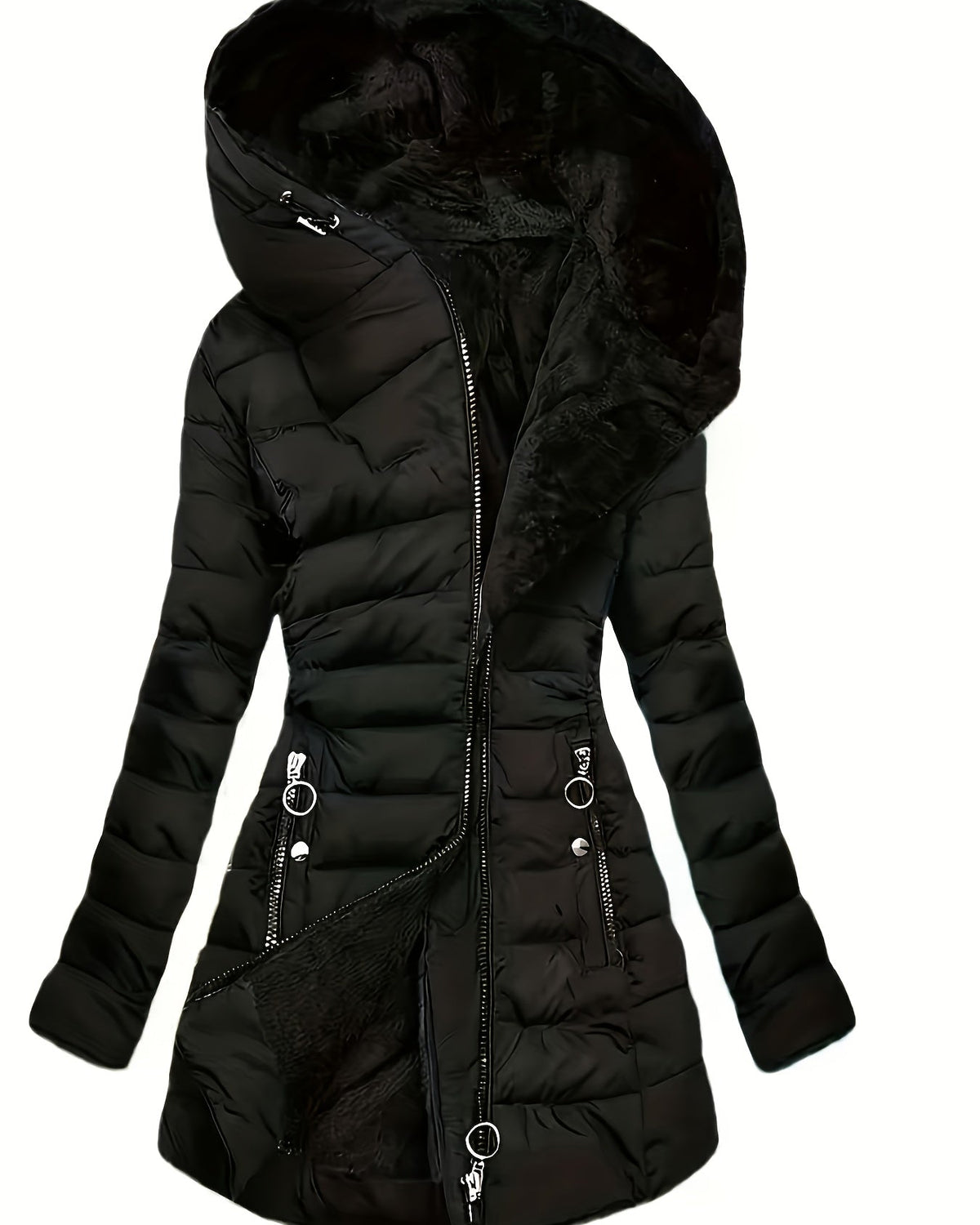 Black Freya puffer coat by Lumina Wear with fleece lining and oversized hood, styled for cozy winter warmth.