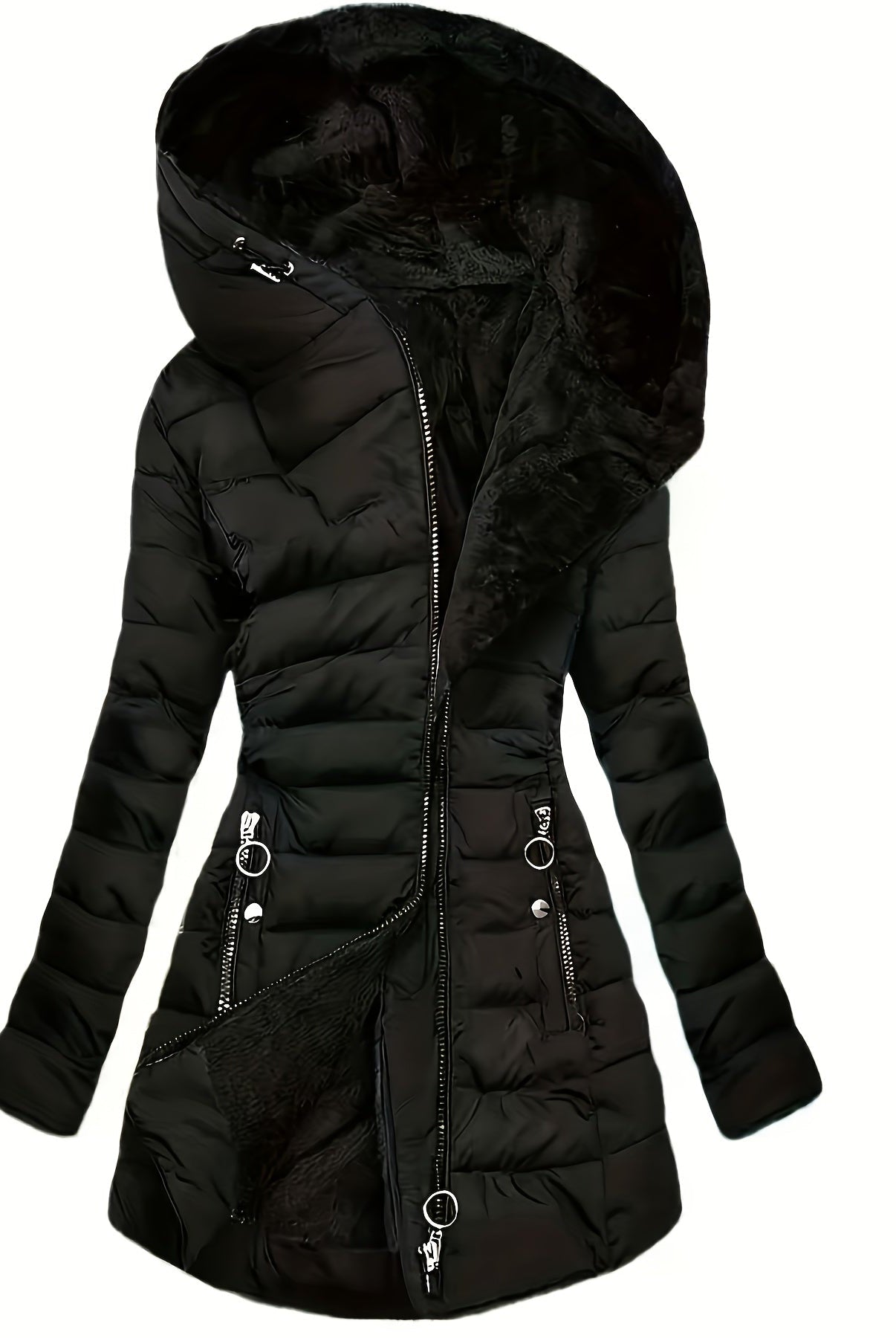 Black Freya puffer coat with fleece lining and oversized hood by Lumina Wear, designed for warmth and comfort.