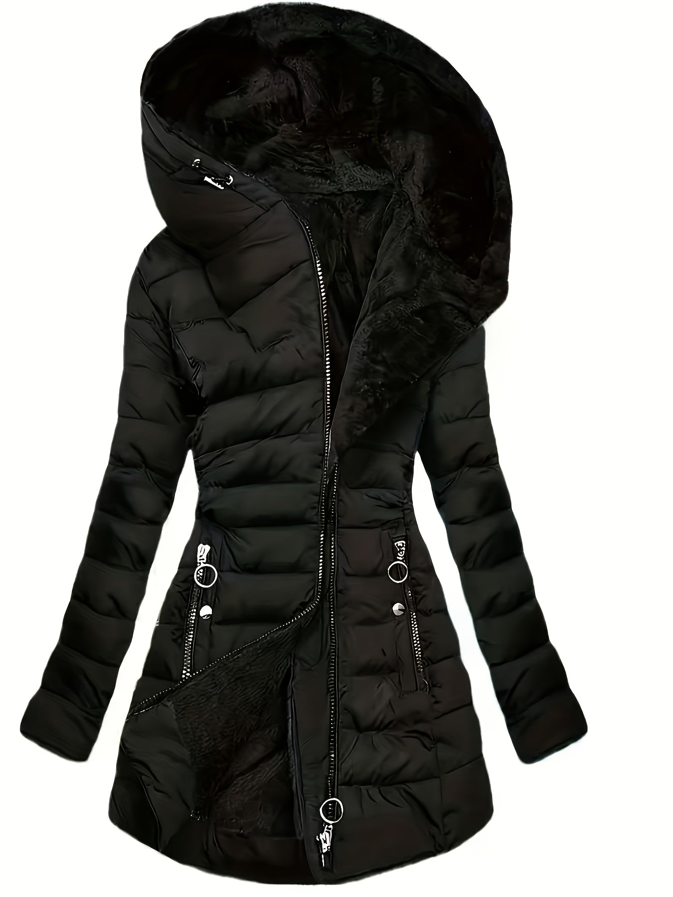 Black Freya puffer coat with fleece lining and oversized hood by Lumina Wear, designed for warmth and comfort.