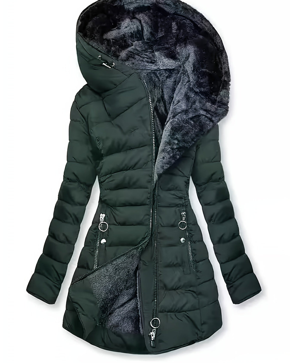 Black Freya puffer coat by Lumina Wear with fleece lining and oversized hood, shown on a hanger.