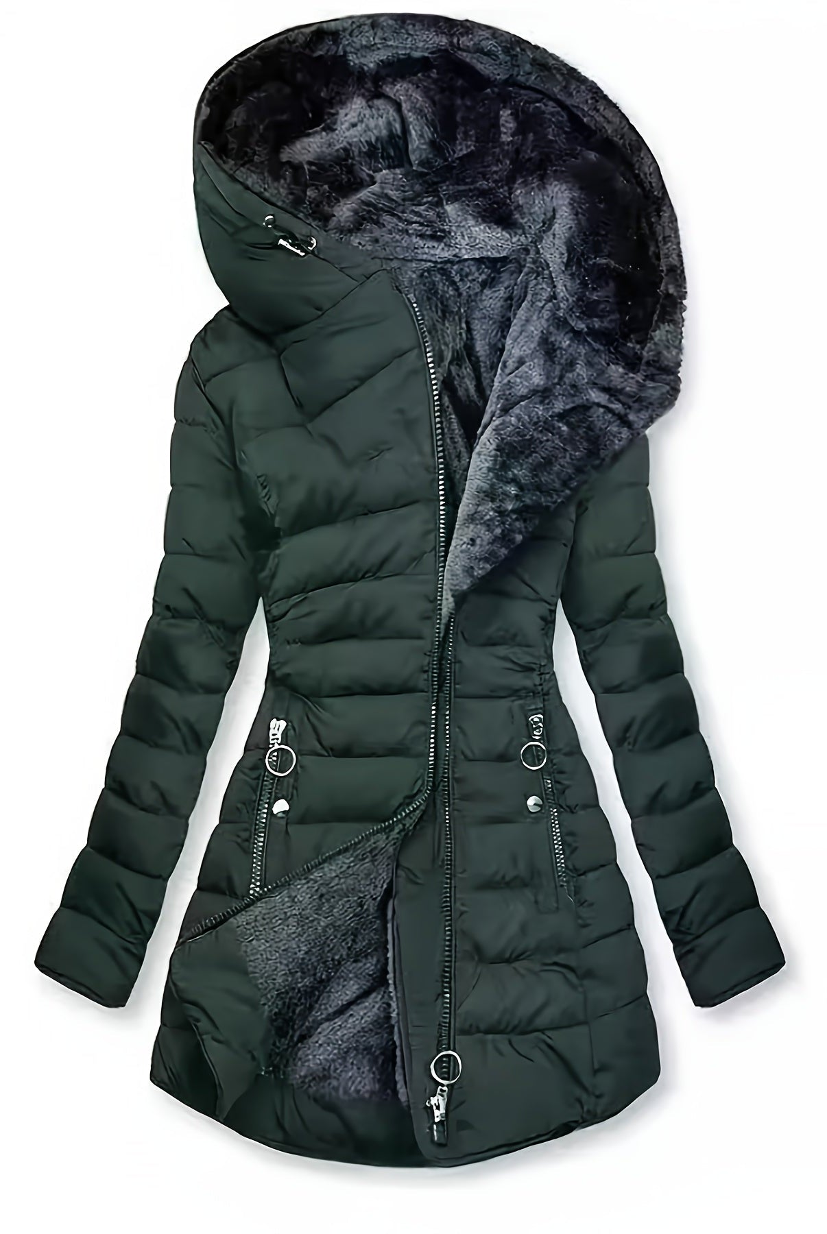 Black Freya puffer coat by Lumina Wear with fleece lining and oversized hood, shown on a model.