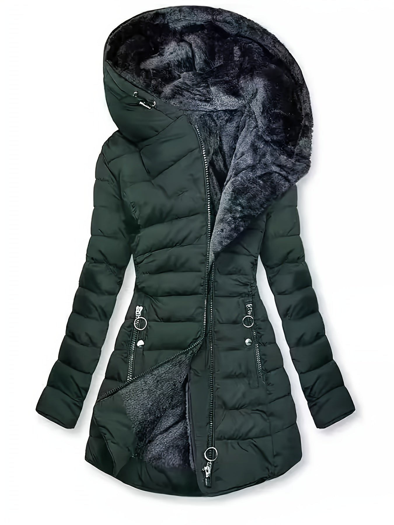 Black Freya puffer coat by Lumina Wear with fleece lining and oversized hood, shown on a model.
