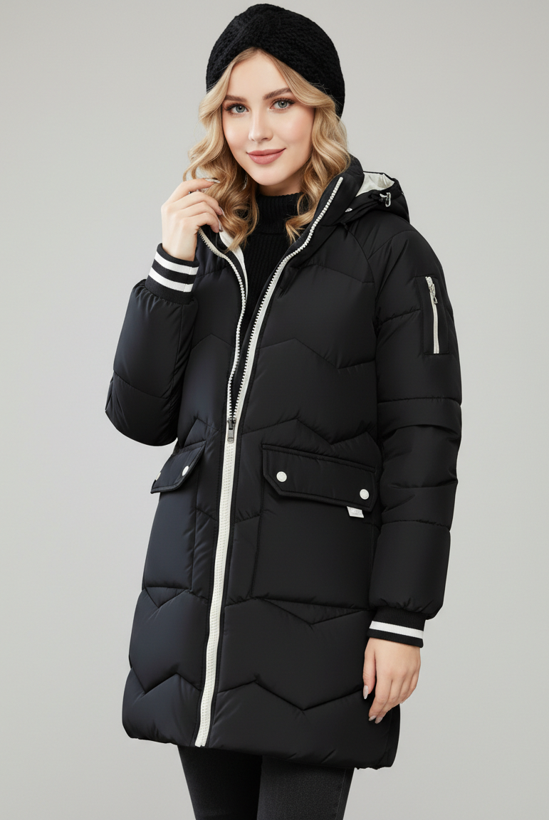 Lumina Wear Gemma sporty contrast-lined hooded long puffer coat in purple, featuring a quilted design and hood for cold weather.
