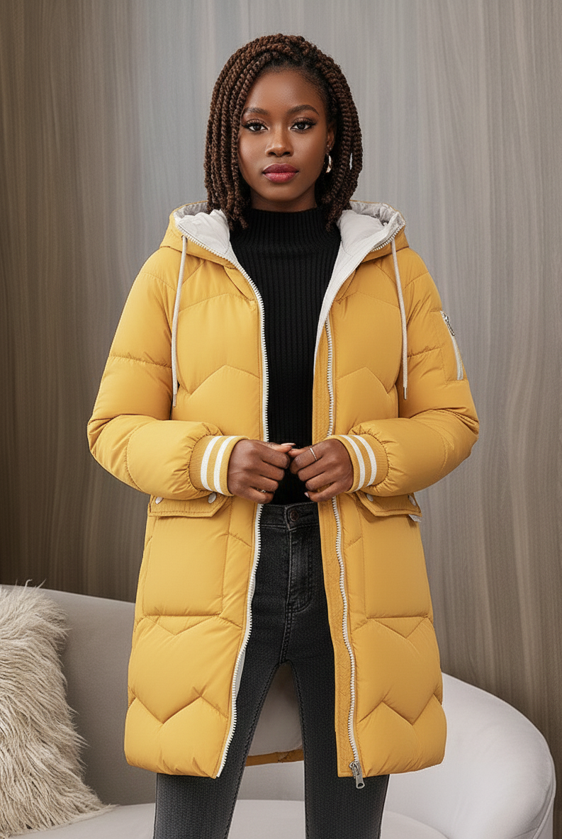 Lumina Wear Gemma purple hooded long puffer coat with sporty contrast lining, designed for warmth and style.