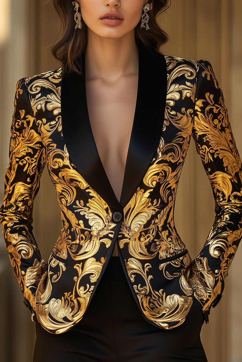 Genevieve black gold baroque satin tuxedo blazer by Lumina Wear, stylish tailored blazer with shiny gold accents, front view.