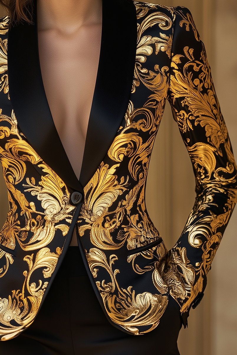 Genevieve black gold baroque satin tuxedo blazer by Lumina Wear, stylish tailored blazer with intricate gold accents.
