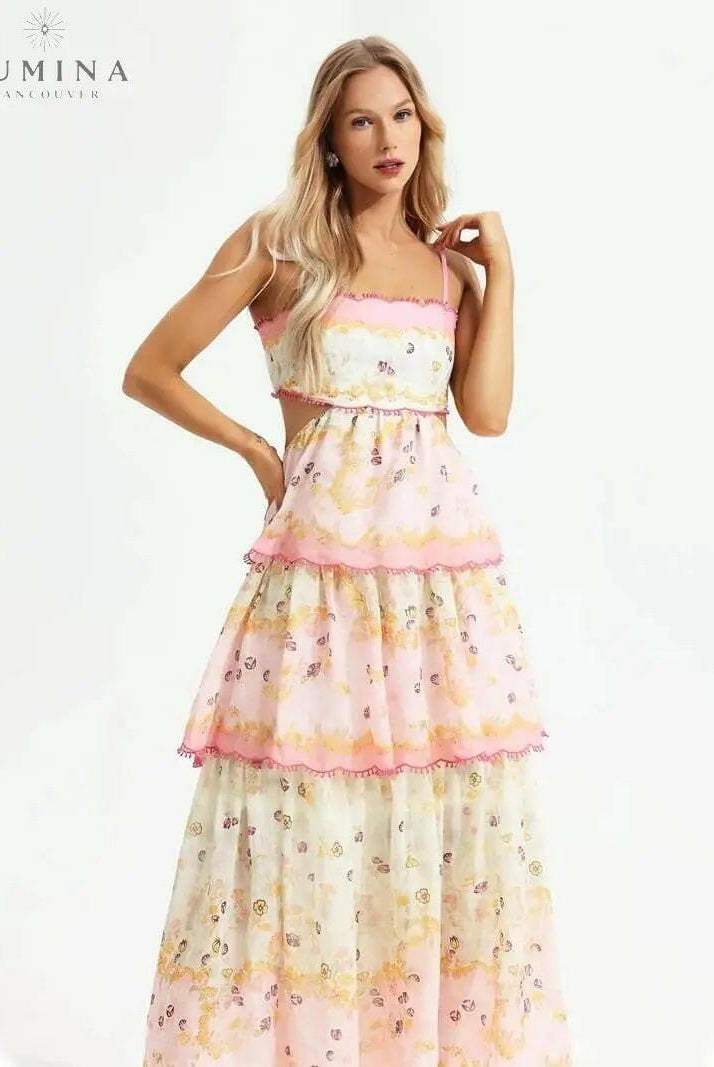 Lumina Wear Ghita maxi summer dress with floral pattern, lightweight fabric, perfect for warm weather and outdoor events.