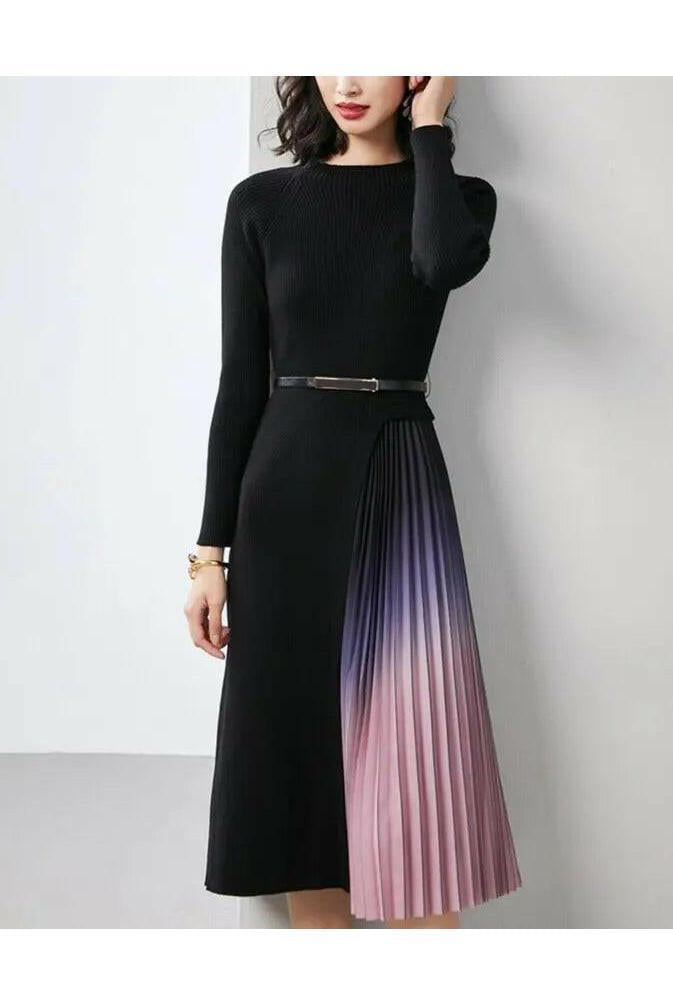 Lumina Vancouver Giulia gradient pleated splicing belted knit dress in black, featuring a stylish pleated design and waist belt.