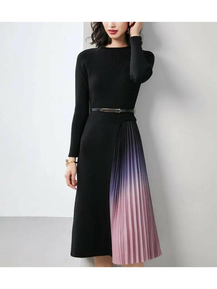 Lumina Vancouver Giulia gradient pleated splicing belted knit dress in black, featuring a stylish pleated design and waist belt.