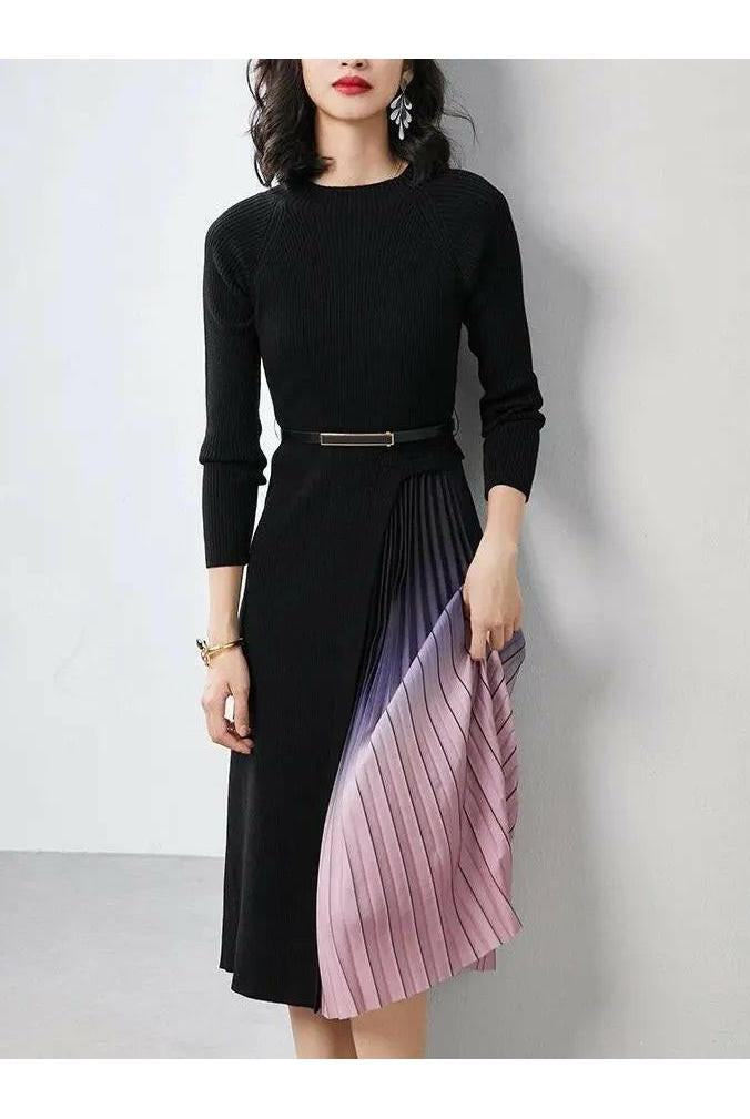 Lumina Vancouver Giulia gradient pleated splicing belted knit dress in black, featuring a stylish design and fitted silhouette.