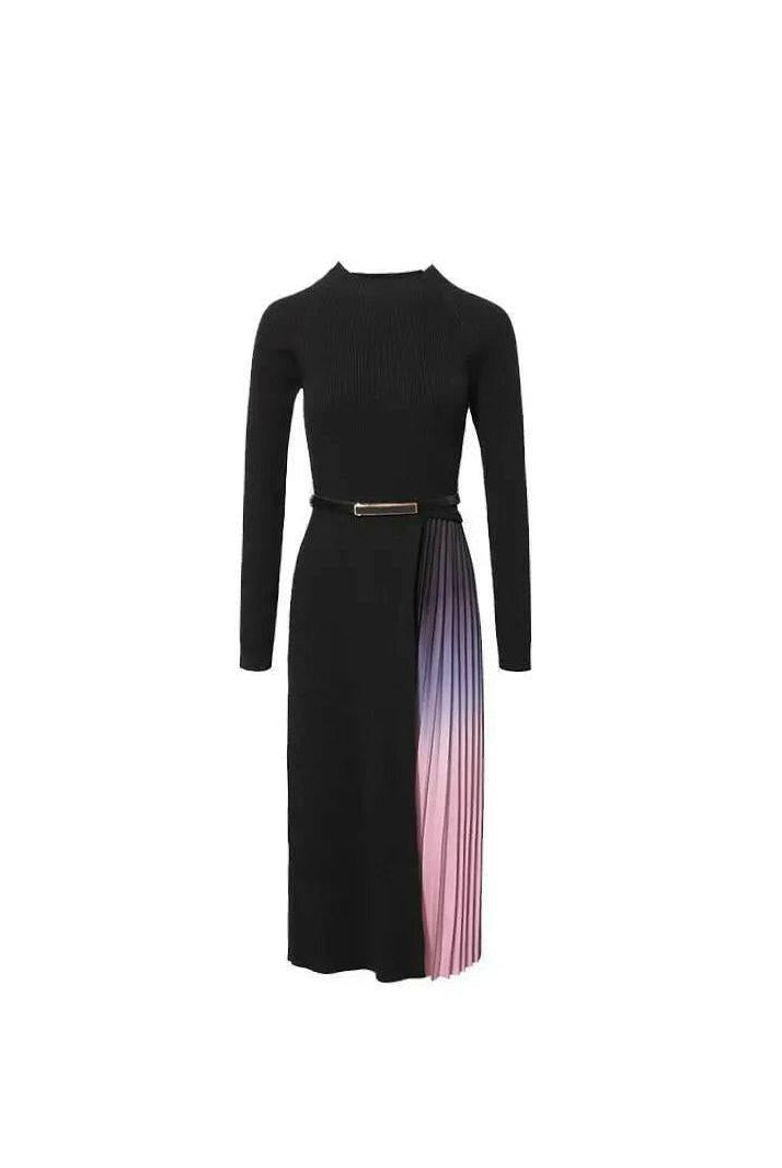 Black Giulia gradient pleated splicing belted knit dress by Lumina Vancouver, featuring a stylish pleated design and belt detail.