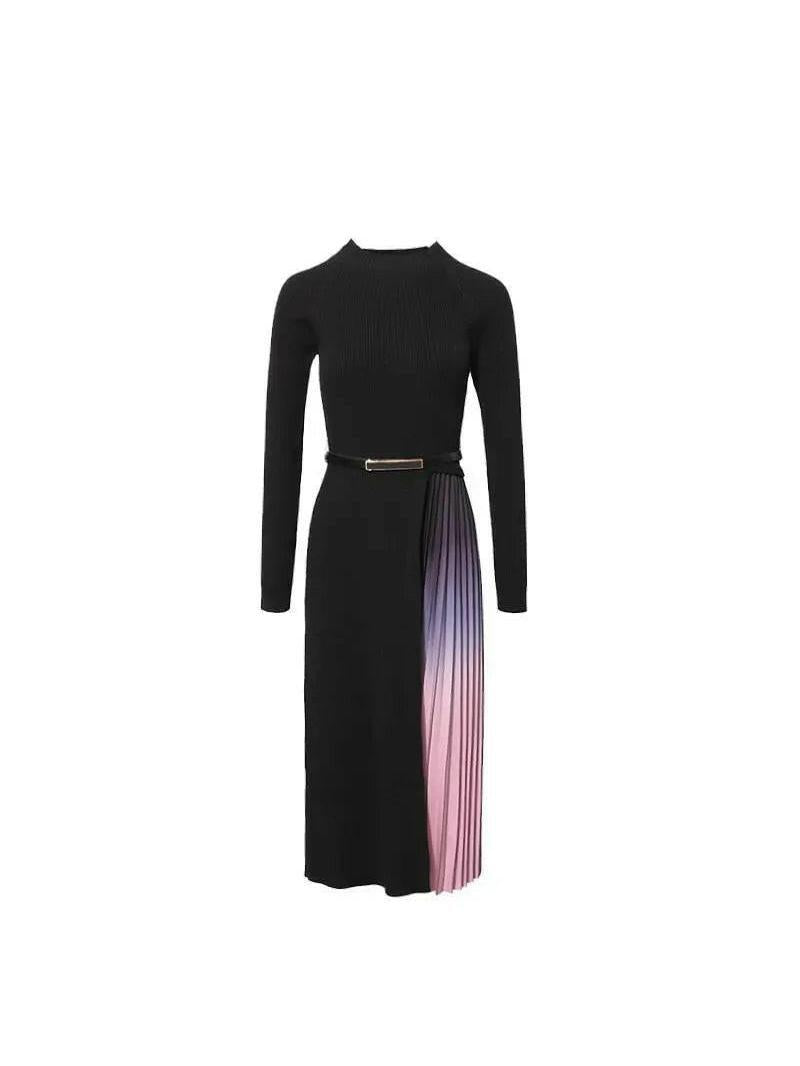 Black Giulia gradient pleated splicing belted knit dress by Lumina Vancouver, featuring a stylish pleated design and belt detail.