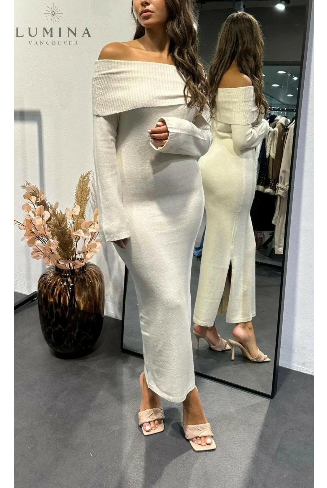 Beige Giuliana over-fold knitted maxi dress by Lumina Wear, featuring a stylish, cozy design perfect for autumn.
