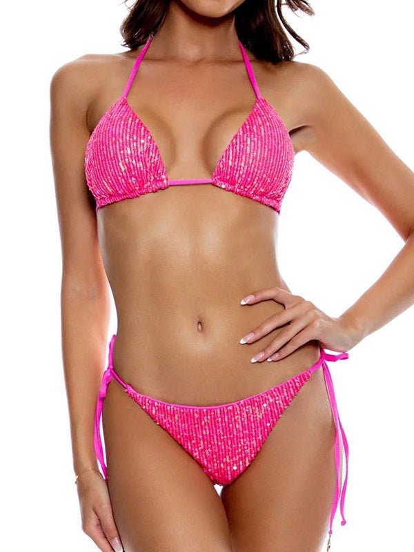 Black glossy sequins bikini set by Lumina Vancouver, featuring a stylish and shimmering two-piece swimwear design.