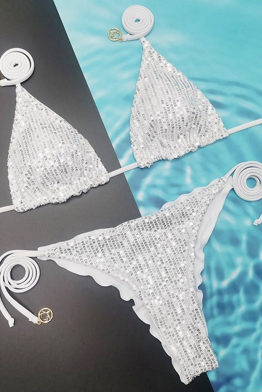 Black glossy sequins bikini set by Lumina Vancouver, featuring a sleek, shimmering design perfect for summer beachwear.