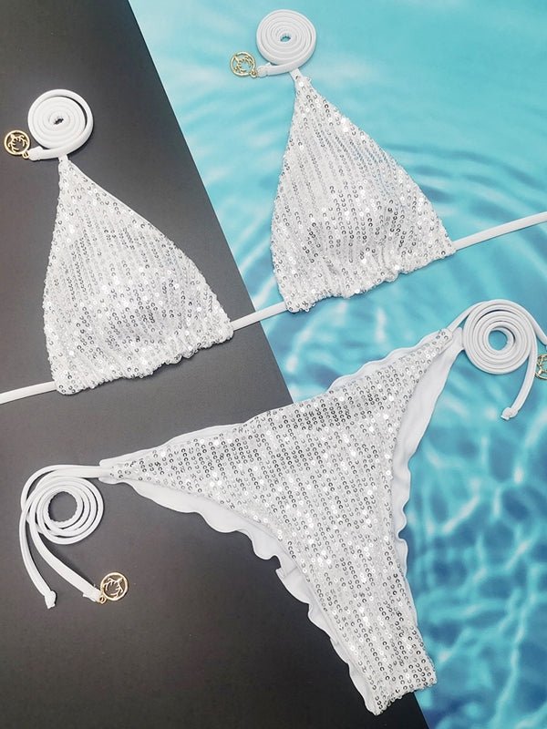 Black glossy sequins bikini set by Lumina Vancouver, featuring a sleek, shimmering design perfect for summer beachwear.