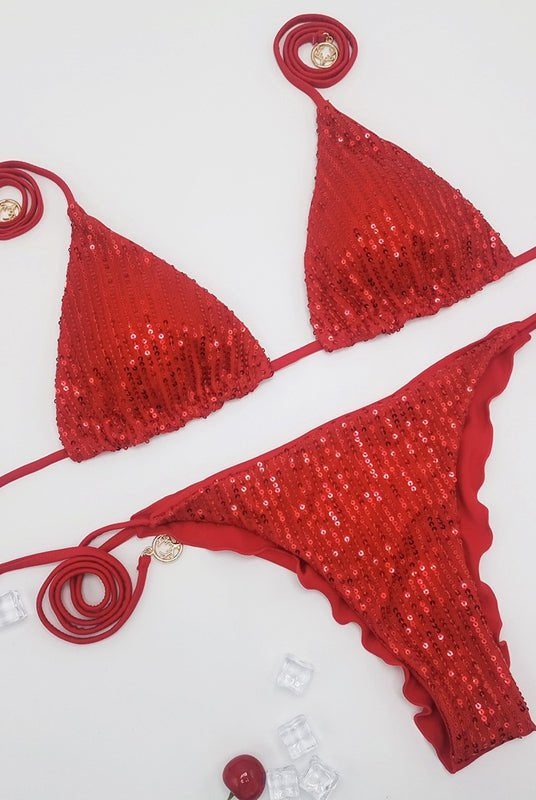 Glossy black sequins bikini set from Lumina Vancouver, featuring a stylish bikini top and bottom for a sleek beach look.