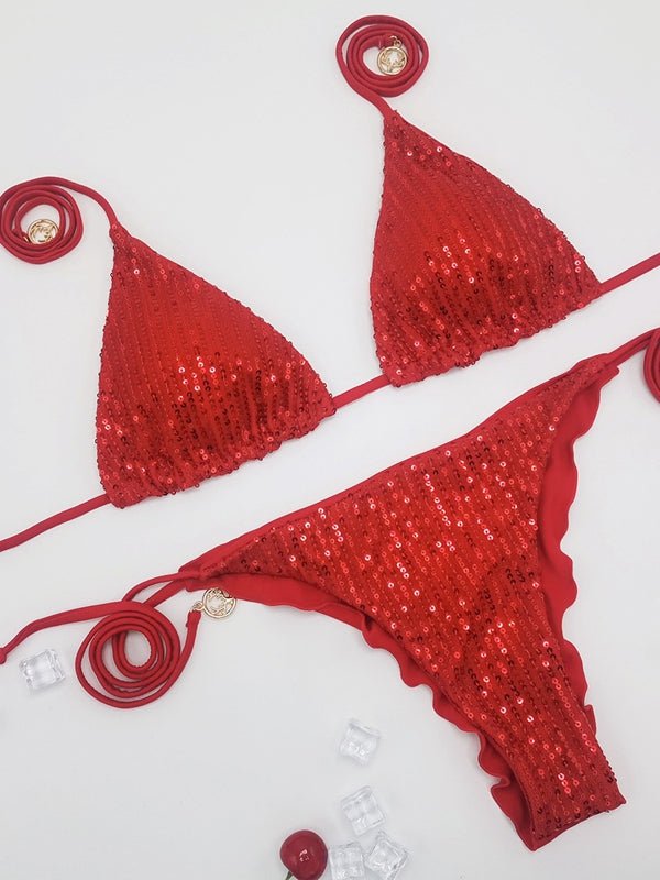 Glossy black sequins bikini set from Lumina Vancouver, featuring a stylish bikini top and bottom for a sleek beach look.