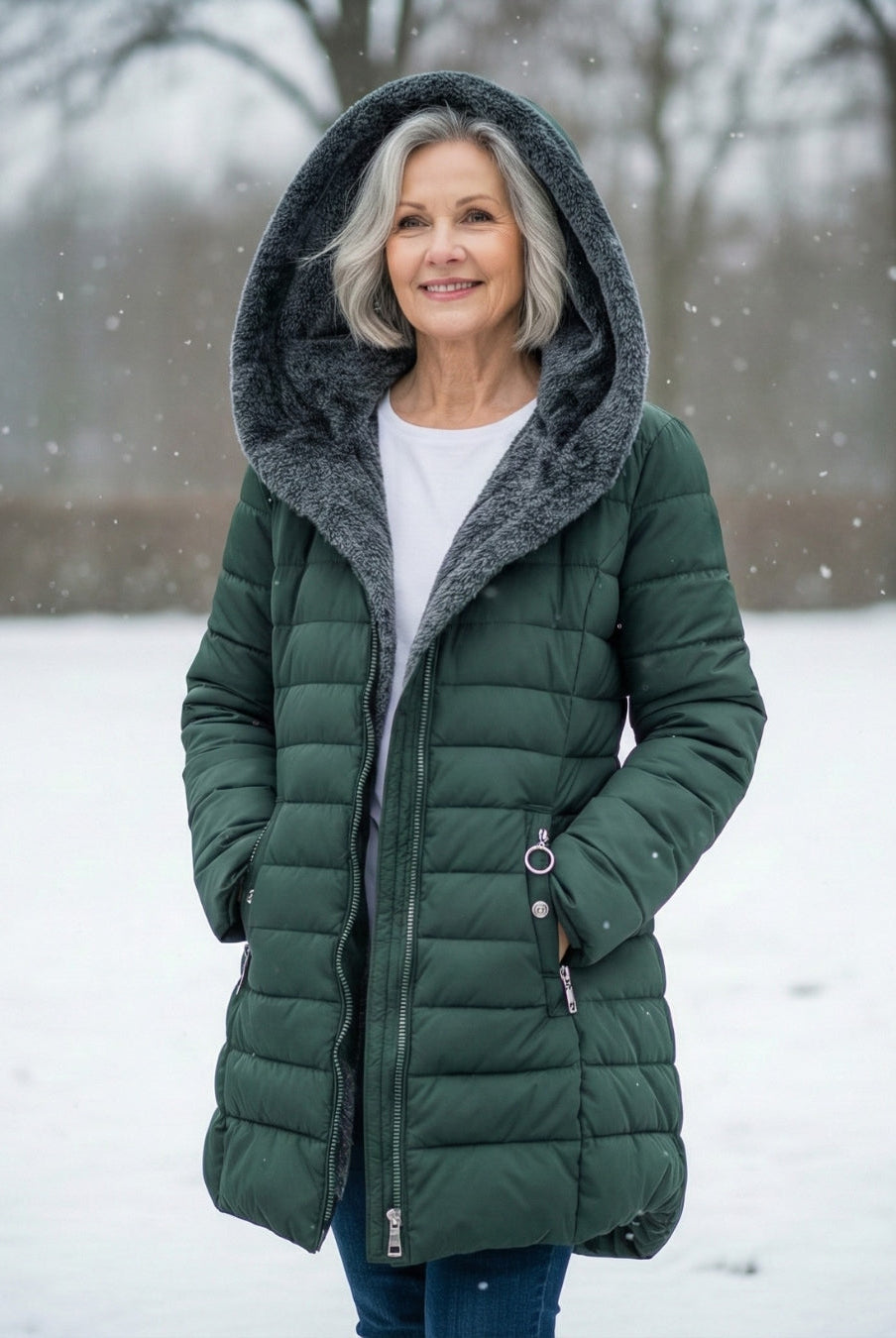 Dark green Lumina Wear Grace fleece-lined puffer jacket with a flattering fit, shown on a model.