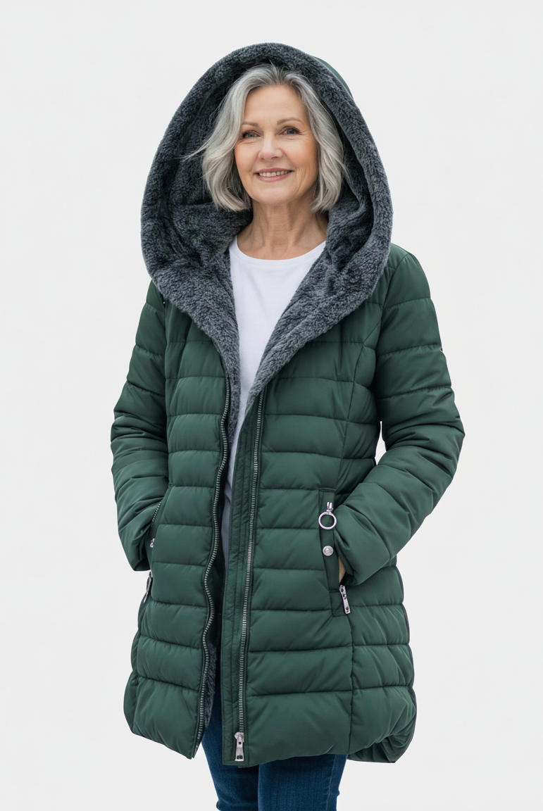 Dark green Lumina Wear fleece-lined puffer jacket featuring a flattering fit and stylish design, perfect for cold weather.