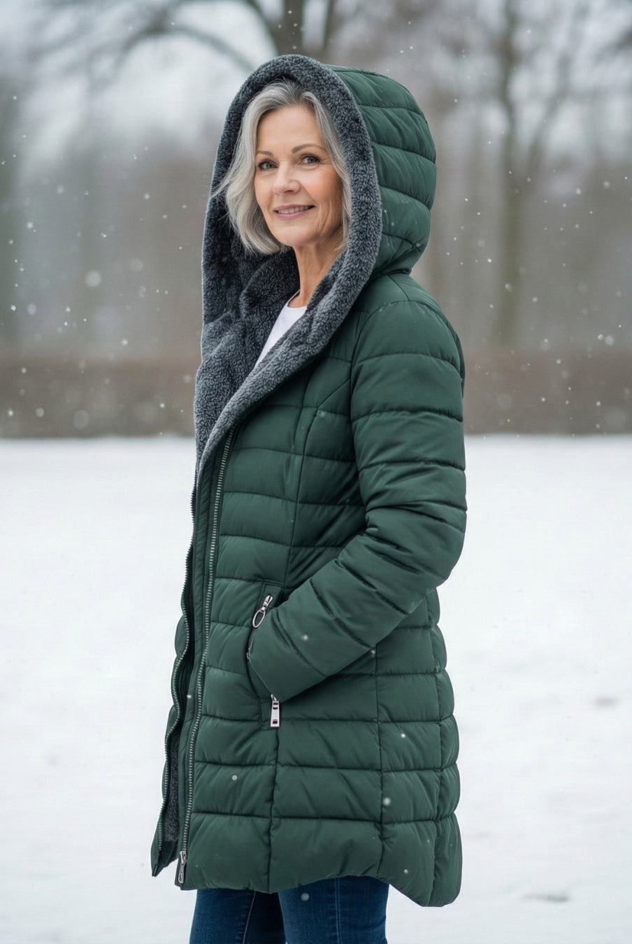 Dark green Lumina Wear fleece-lined puffer jacket, elegant fit, lightweight winter coat with a flattering silhouette.